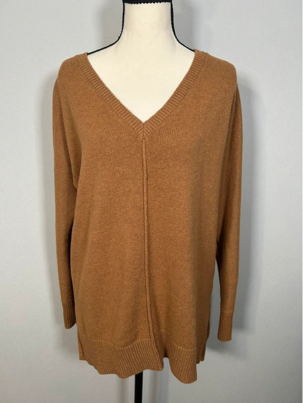 Tahari XS Camel Brown V Neck Longline Knit Cardigan Sweater